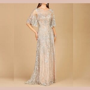 NWT LARA NY‎ [ 6 ] 33277 Laced Illusion Bateau A-line Gown Silver Nude #J1865